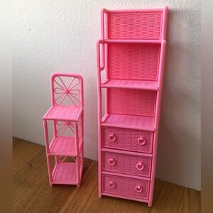 AMAZING Pink  Vintage 1985 Barbie Doll House Furniture Rattan Wicker Shelves